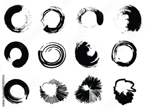 Set of Artistic Circular Brush Stroke Elements – Abstract Ink Enso Circles for Creative Logos, Zen Art, and Design Accents.
