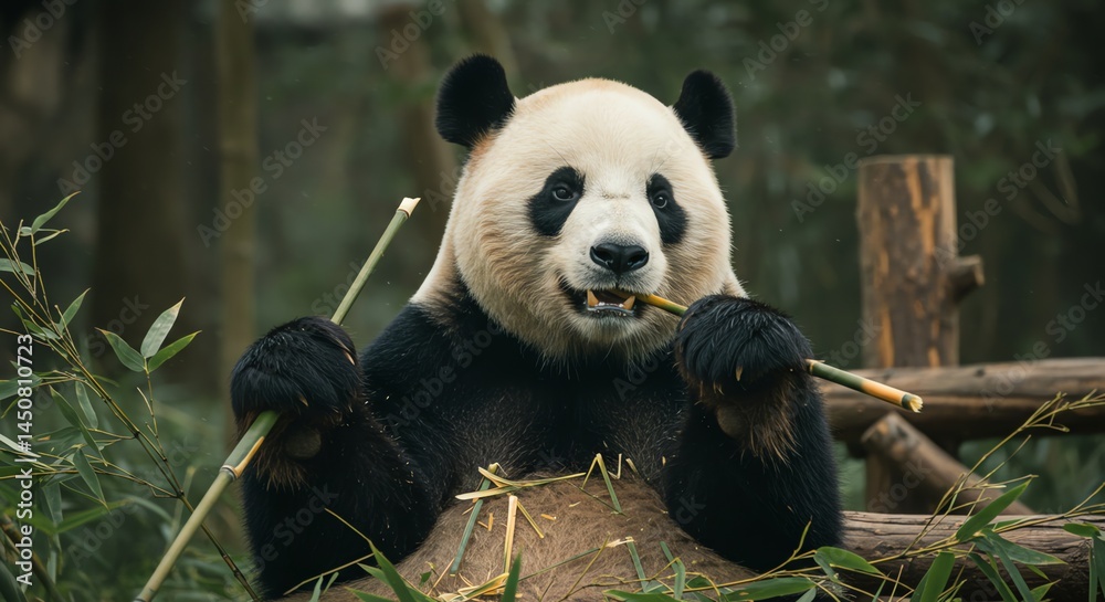 Fototapeta premium Panda Eating Bamboo in the Forest