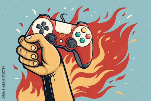 Create a vibrant vector art illustration of a hand fiercely gripping a video game controller, styled like a triumphant, powerful fist.