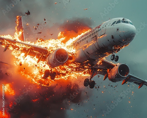 Fiery plane crash, intense flames engulfing fuselage photo
