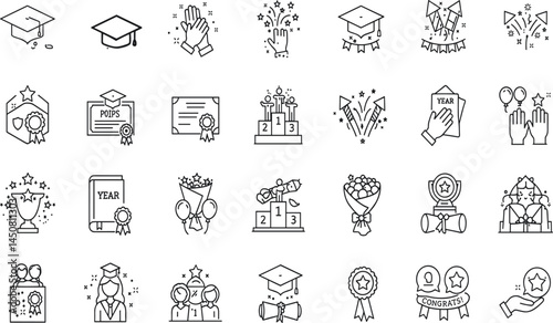 Graduation line icon set. Vector pictograms of student, graduate, tassel, scroll, ribbon, speech, education, diploma, certificate