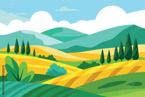 Beautiful pastoral vista showcases rolling fields, trees, distant mountains and a clear sky