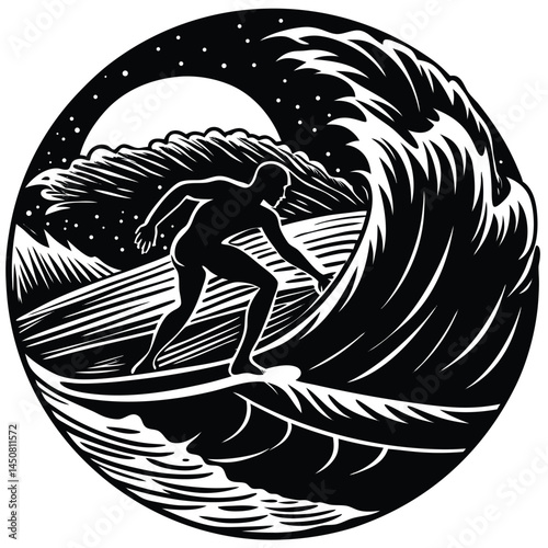 Black and White Woodcut Surfer Riding a Wave Under a Moonlit Night Sky