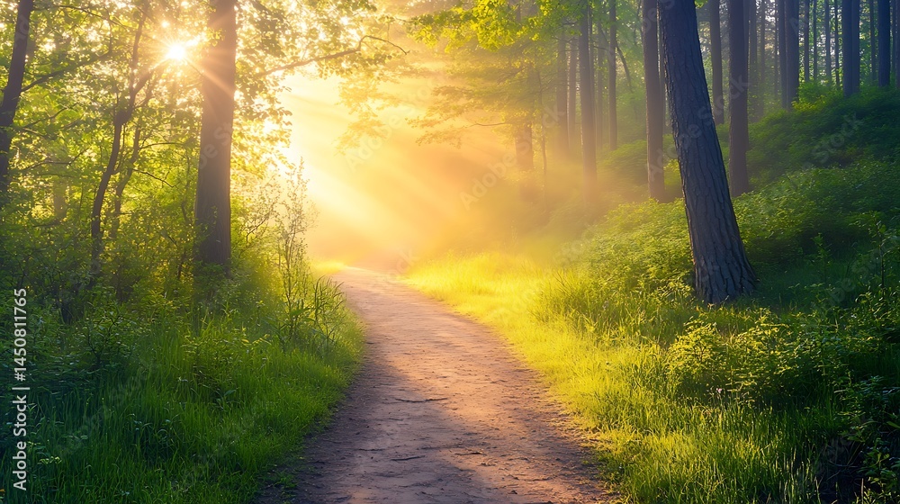 Fototapeta premium Golden sunlight path through a misty forest.