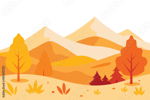 Autumnal mountains provide a picturesque backdrop for golden trees in the peaceful landscape illustration