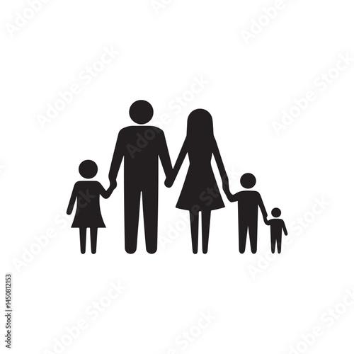 Simple Silhouette of a Happy Family Holding Hands.A black and white silhouette of a family, including parents and two children, holding hands.