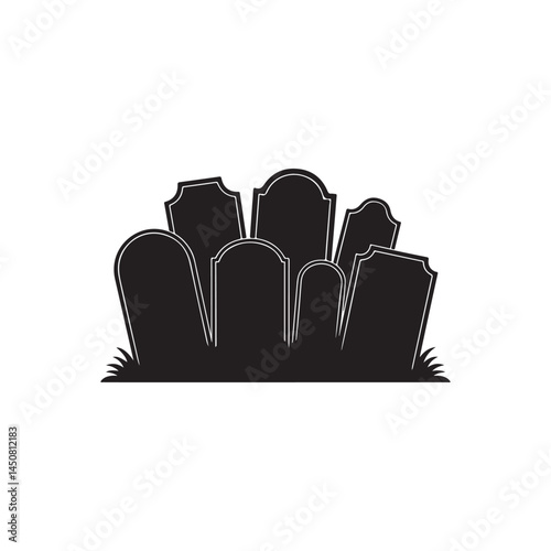 Silhouette of gravestones in a cemetery.A simple, black and white silhouette of several gravestones clustered together, set in grass.