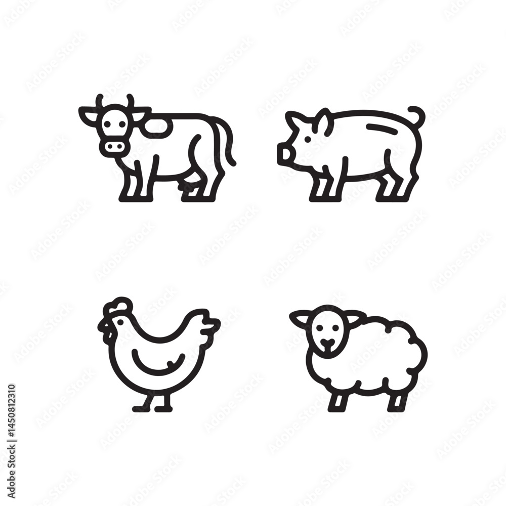 Simple Line Art Icons of Farm Animals.This image features four simple, black line art icons of farm animals: a cow, a pig, a chicken, and a sheep. Simple Line Art Icons of Farm Animals.This image features four simple, black line art icons of farm animals: a cow, a pig, a chicken, and a sheep.