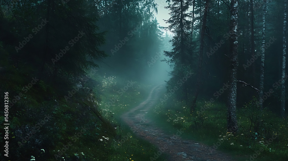 Obraz premium Misty forest path winding through dark trees.