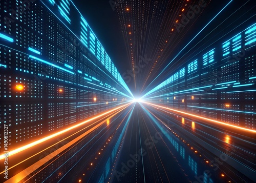 Data flow abstract visualization. A long, bright blue and orange line of dots. The blue and orange lines are connected and the dots are scattered throughout the image.