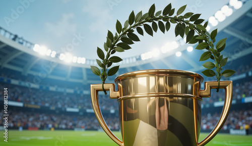 A gold cup with a laurel wreath on a blurred arena background for sports websites, blogs, news, presentations, and design.