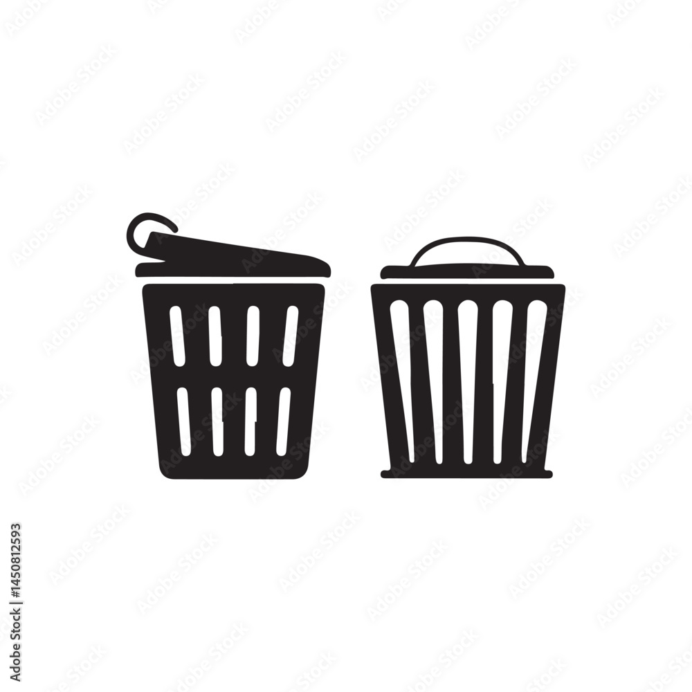 Two simple black and white trash cans with lids.Vector illustration of two stylized trash cans. Two simple black and white trash cans with lids.Vector illustration of two stylized trash cans.