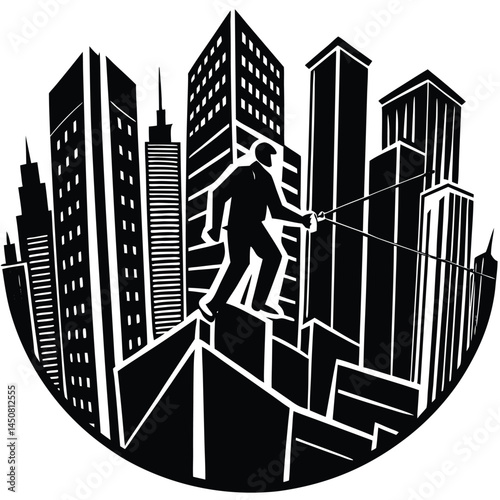 Urban Tightrope Walker Silhouette: Black and White Cityscape Art Illustration