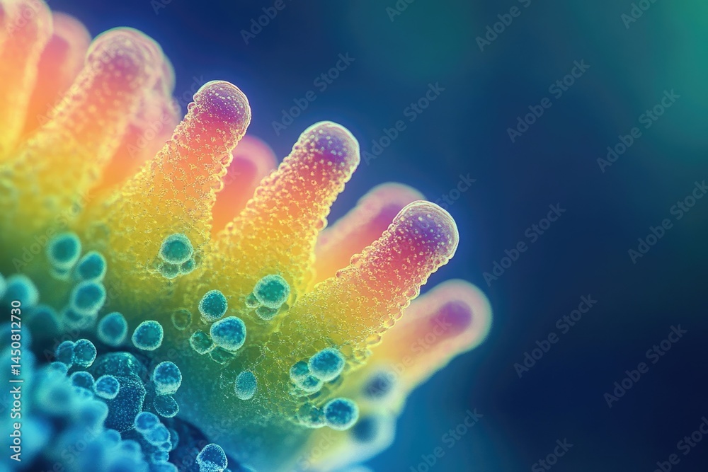Fototapeta premium Microscopic view of vibrant, colorful cells with intricate structures and textures.
