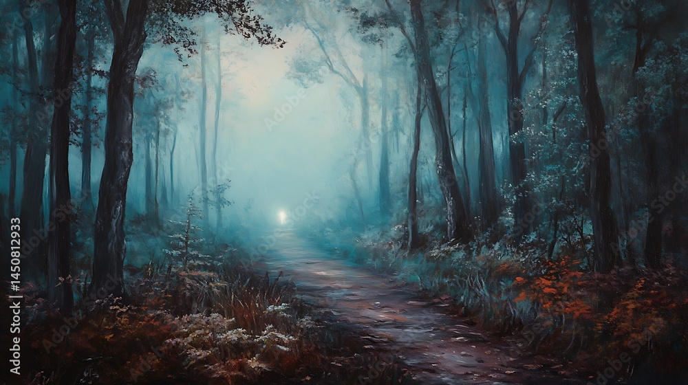 Obraz premium Misty, shadowy forest path under a pale moon.