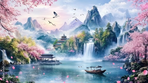 Lake and mountain landscape chinese background. Japanese watercolor painting with waterfall, hills, sakura trees, chinese temples, boat, bridge, birds. Oriental wallpaper for wall art, print, decor. 