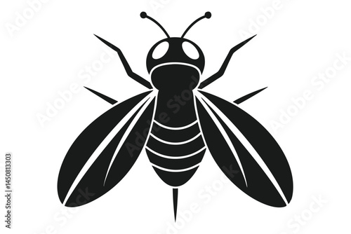Black insect displays a segmented abdomen, two wings, and antennae on transparent backdrop