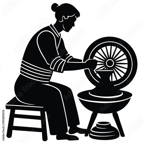 Woman Potter at Wheel, Silhouette Art, Pottery Making, Crafting, Black and White