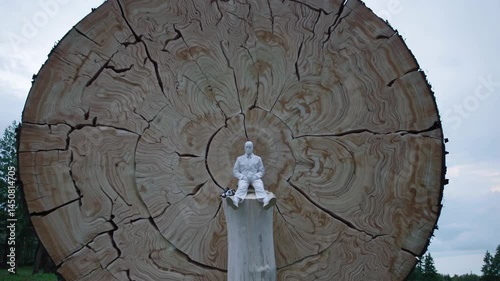Person in white suit sitting in front of massive tree cross-section with chainsaw, highlighting scale of deforestation

 photo