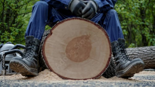 Logger sitting behind freshly cut tree trunk with chainsaw and sawdust in forested area

 photo