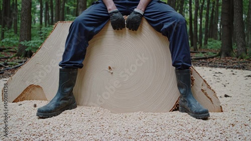 Person sitting on large freshly cut tree stump in forest surrounded by sawdust, symbolizing deforestation and environmental impact

 photo
