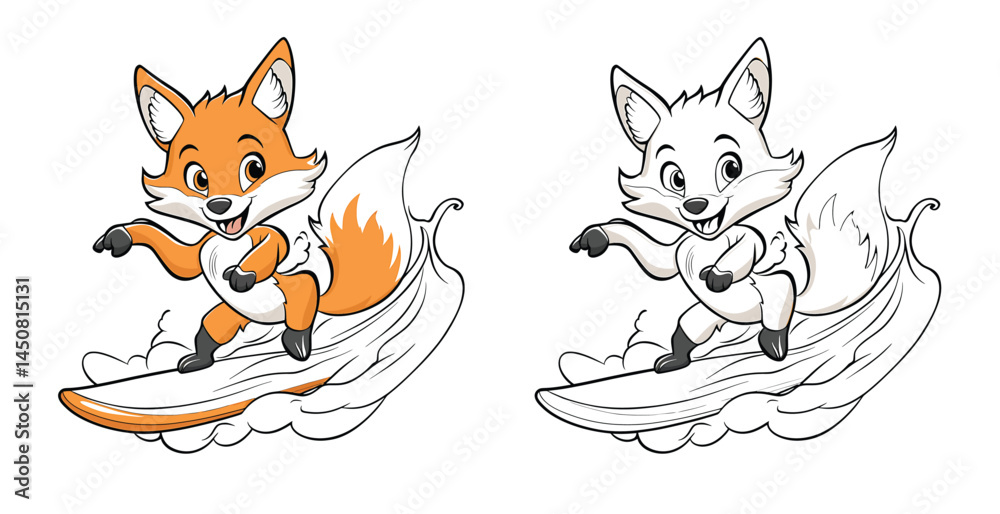 Obraz premium Fox surfing coloring page cartoon animal drawing for kids activity fun time