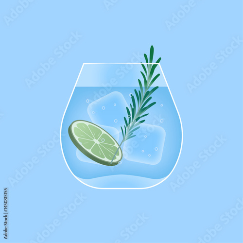 Gin tonic cocktail. Glass of classic drink with lime, rosemary and ice cubes for the bar or restaurant menu design. Tonic water, refreshing summer beverage, alcohol. Isolated vector illustration