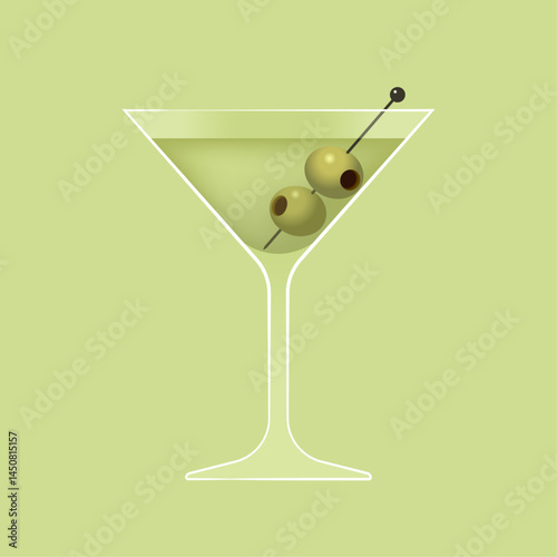 Martini cocktail. Glass of classic alcoholic drink with olive skewer for the bar or restaurant menu design. Beverage on green background. Isolated vector illustration