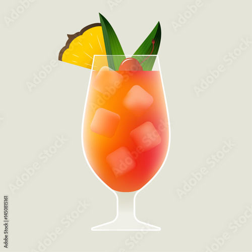 Mai tai or tequila sunrise cocktail. Glass of exotic tropical drink with pineapple, cherry and ice cubes for the beach bar menu. Summer alcoholic beverage. Isolated vector illustration