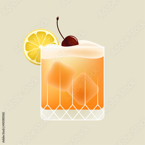 Whiskey sour cocktail. Glass of classic cocktail with lemon, cherry, foam top and ice cubes for the bar or restaurant menu. Alcoholic beverage, summer drink. Isolated vector illustration
