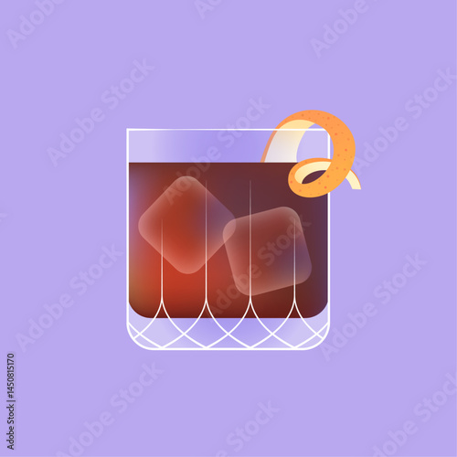Negroni, rum or whiskey with cola. Glass of classic cocktail decorated with orange zest and ice cubes for the bar or restaurant menu. Alcoholic beverage. Isolated vector illustration