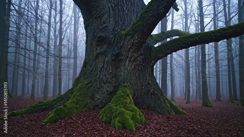 Ancient tree with moss-covered roots standing in a misty forest surrounded by bare trees and fallen leaves

 photo