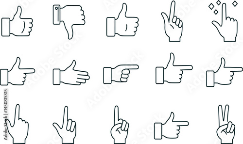 Hand gesture line icon set. Vector pictograms of thumbs up, peace sign, high five, fist bump, rock on, heart shape thin linear illustration for communication, expressions, finger actions