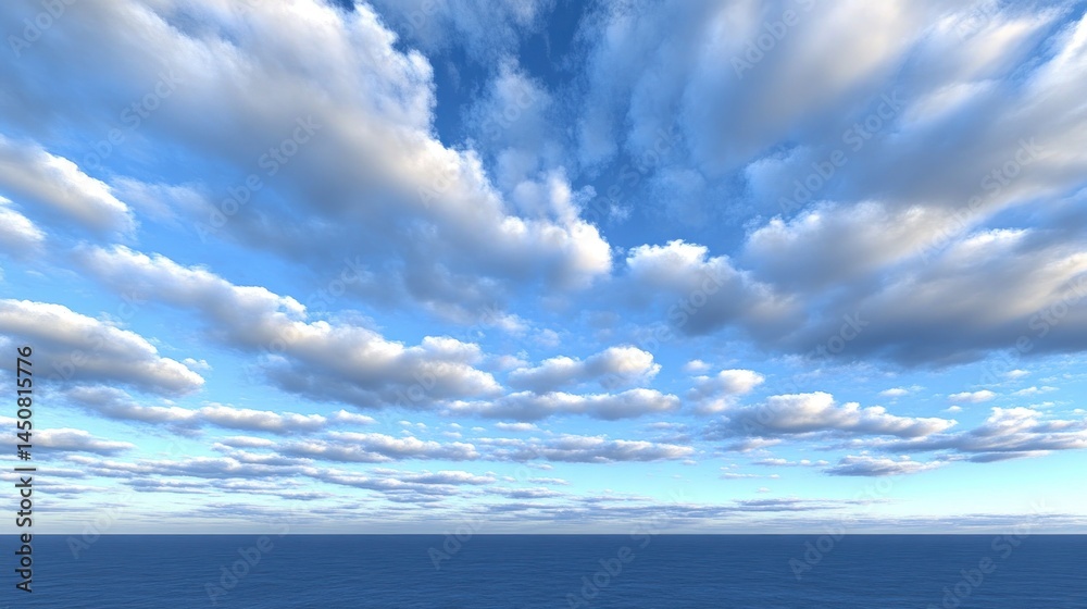 Fototapeta premium Cloudscape over calm ocean; serene background image for travel brochures