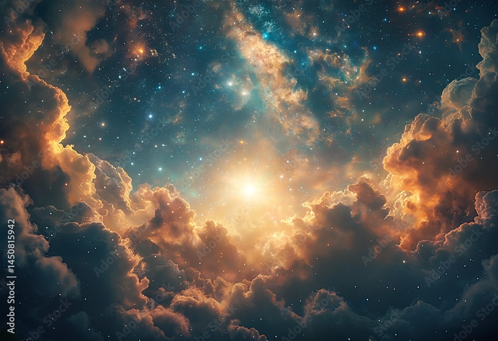 Fototapeta premium a vibrant and swirling celestial landscape featuring golden cloud-like formations illuminated by a radiant central star against a backdrop of countless distant stars.