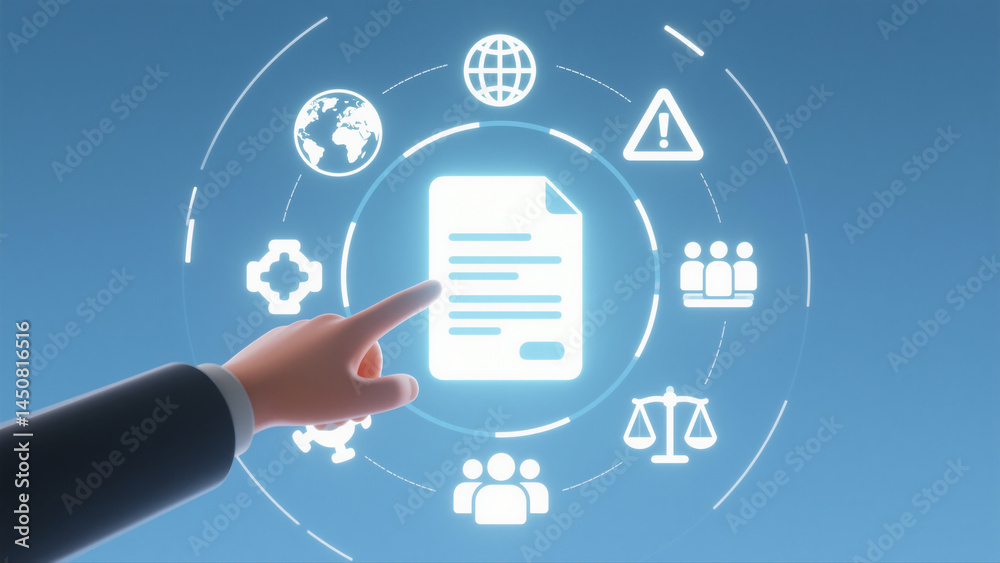 A hand points at a glowing document icon encircled by symbols A hand points at a glowing document icon encircled by symbols