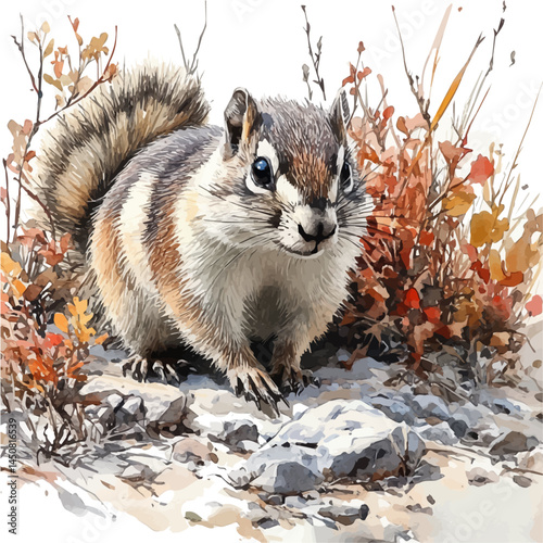 Early Mammal Crawling In The Underbrush, vector watercolor illustration, isolated on a white background.