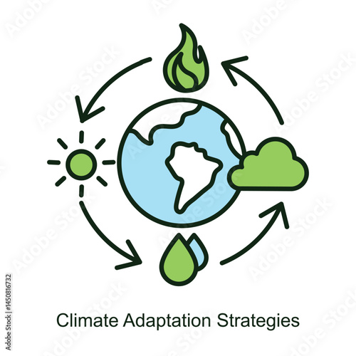 Vector icon for Climate Adaptation Strategies with Weather Symbols. Illustration featuring sun, cloud, and raindrop cycles, representing adaptation techniques for changing climates.