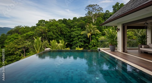Fototapeta Naklejka Na Ścianę i Meble -  Swimming Pool Overlooking Lush Green Jungle and Tropical Landscape View