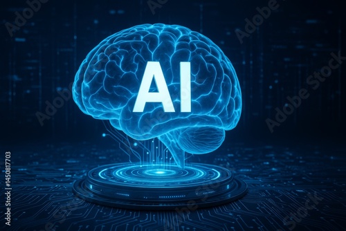 Glowing blue artificial intelligence brain hovering above a futuristic circuit board, symbolizing the power and potential of ai in modern technology