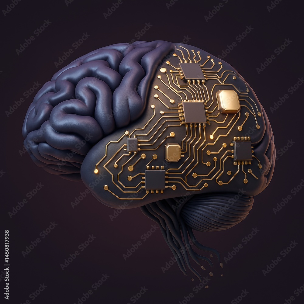 Human brain merging with golden printed circuit board showing the concept of artificial intelligence, machine learning and technological singularity