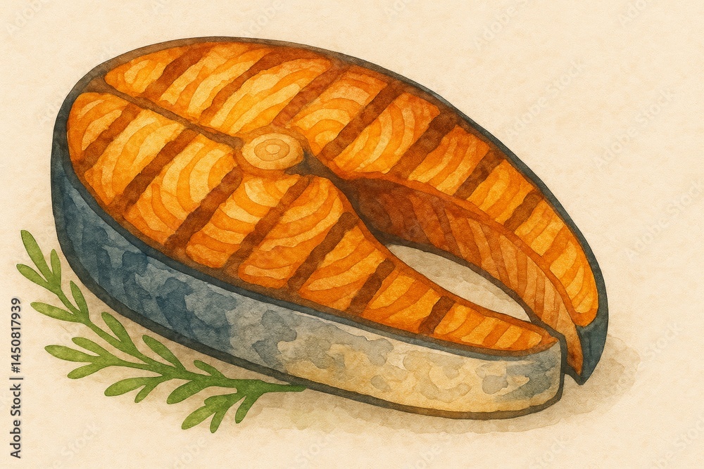 Watercolor painting representing a grilled salmon steak with grill marks, resting near a sprig of rosemary on a light beige background, creating a rustic and appetizing culinary scene