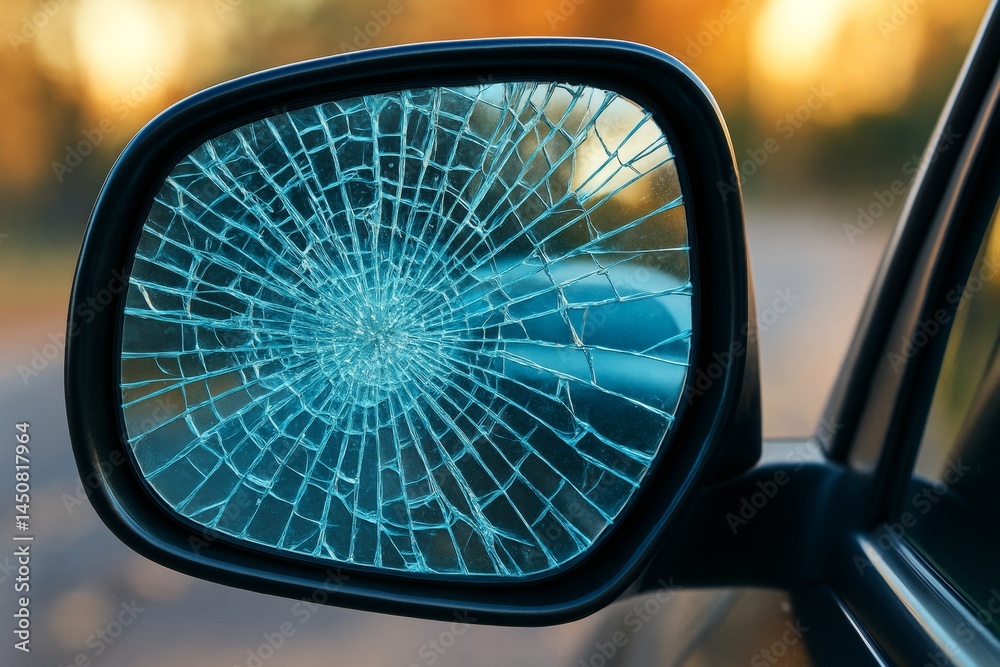 Broken car wing mirror glass reflecting warm sunset light after a road traffic accident, highlighting the damage and the need for repair or replacement
