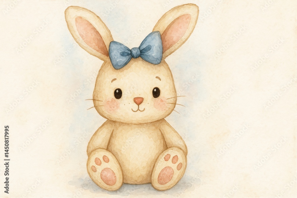 Watercolor painting of a cute, fluffy bunny sitting peacefully, wearing a stylish blue bow, conveying warmth and innocence in a soft, gentle style