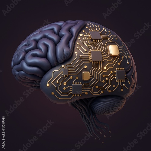 Obraz na płótnie Human brain merging with golden printed circuit board showing the concept of artificial intelligence, machine learning and technological singularity w salonie
