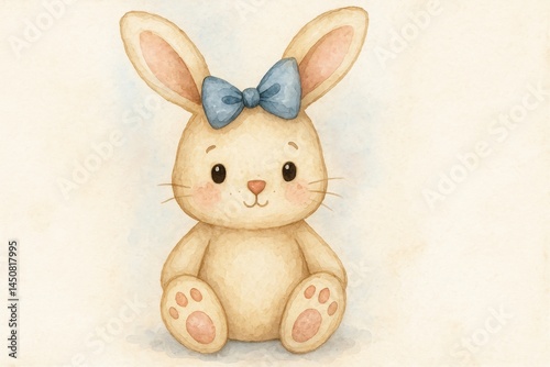 Obraz na płótnie Watercolor painting of a cute, fluffy bunny sitting peacefully, wearing a stylish blue bow, conveying warmth and innocence in a soft, gentle style w salonie