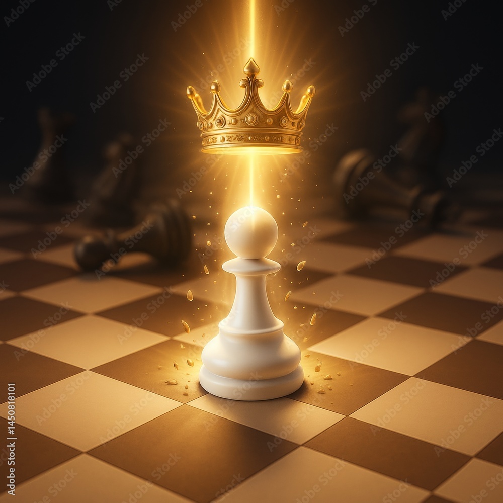 Golden crown hovering over a white pawn on a chessboard, illuminated by a ray of light, symbolizes success and transformation against a dark background