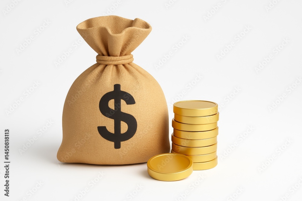 Full money bag with a dollar sign printed on it sits next to a stack of shiny gold coins, symbolizing wealth, savings, and successful investment