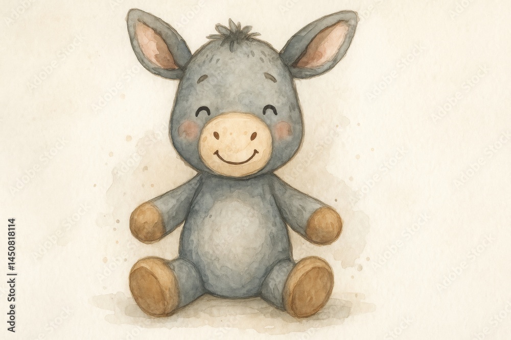 Obraz premium This charming watercolor illustration captures a cute, smiling donkey sitting contentedly, radiating warmth and gentle joy with its endearing expression