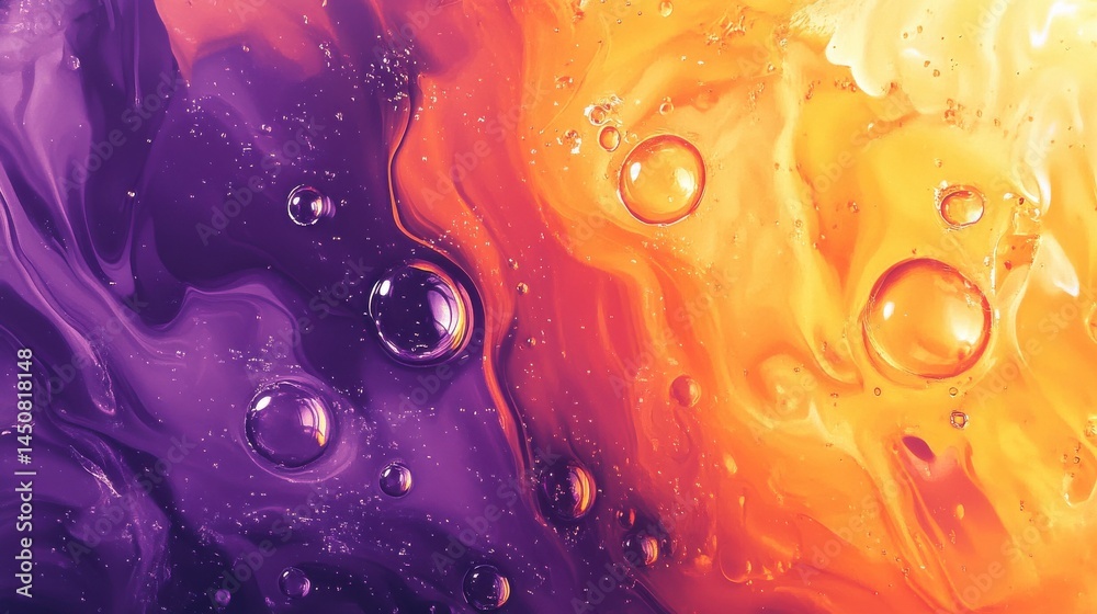 Beautiful abstract background from mixed water and oil in orange and purple color. Abstract macro background. Desktop wallpaper. Texture. Colored bubbles illustration Beautiful abstract background from mixed water and oil in orange and purple color. Abstract macro background. Desktop wallpaper. Texture. Colored bubbles illustration